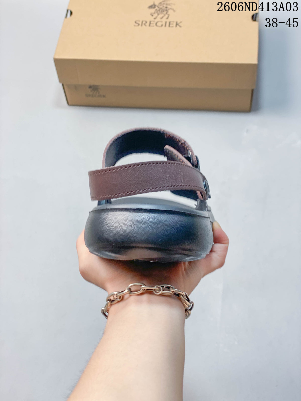 Rear view of a sandal showing the heel strap.