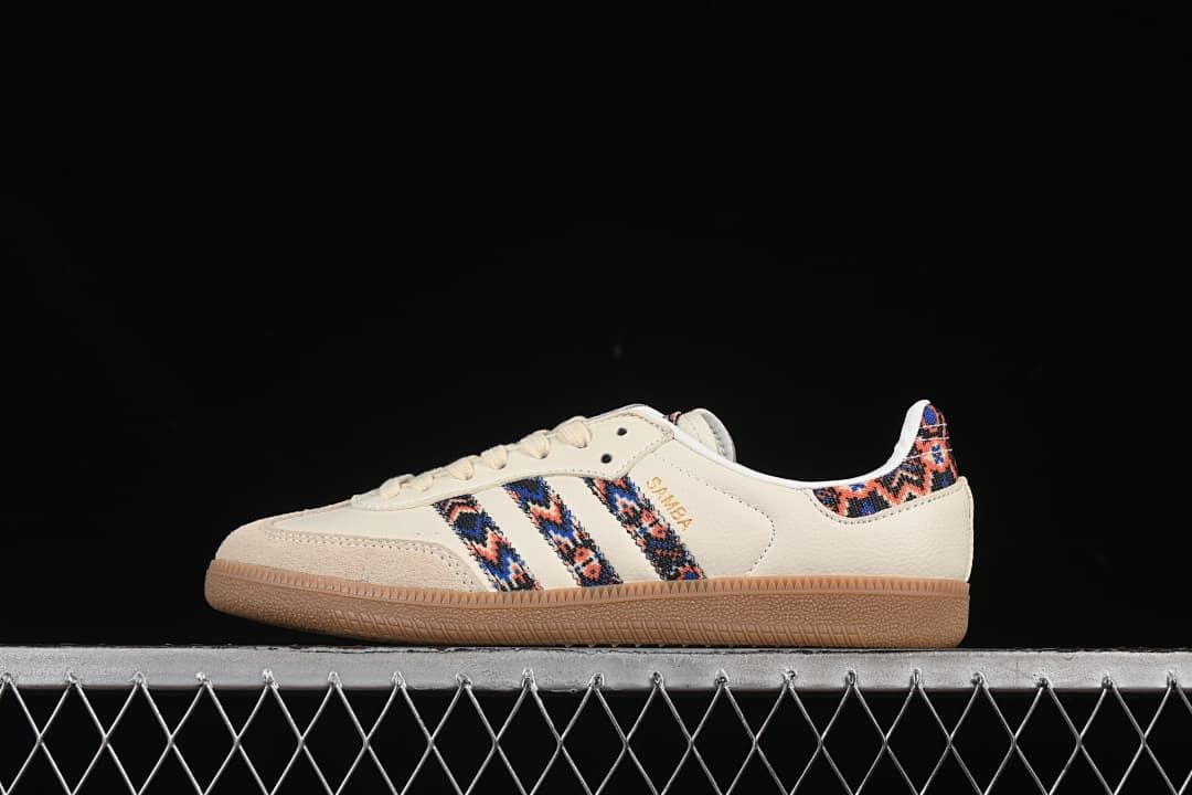 Side view of cream adidas Samba OG sneakers with multicolor patterned stripes and gum outsole