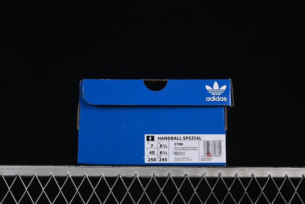 Blue adidas shoe box label displaying Handball Spezial, IF7088 and sample size information
