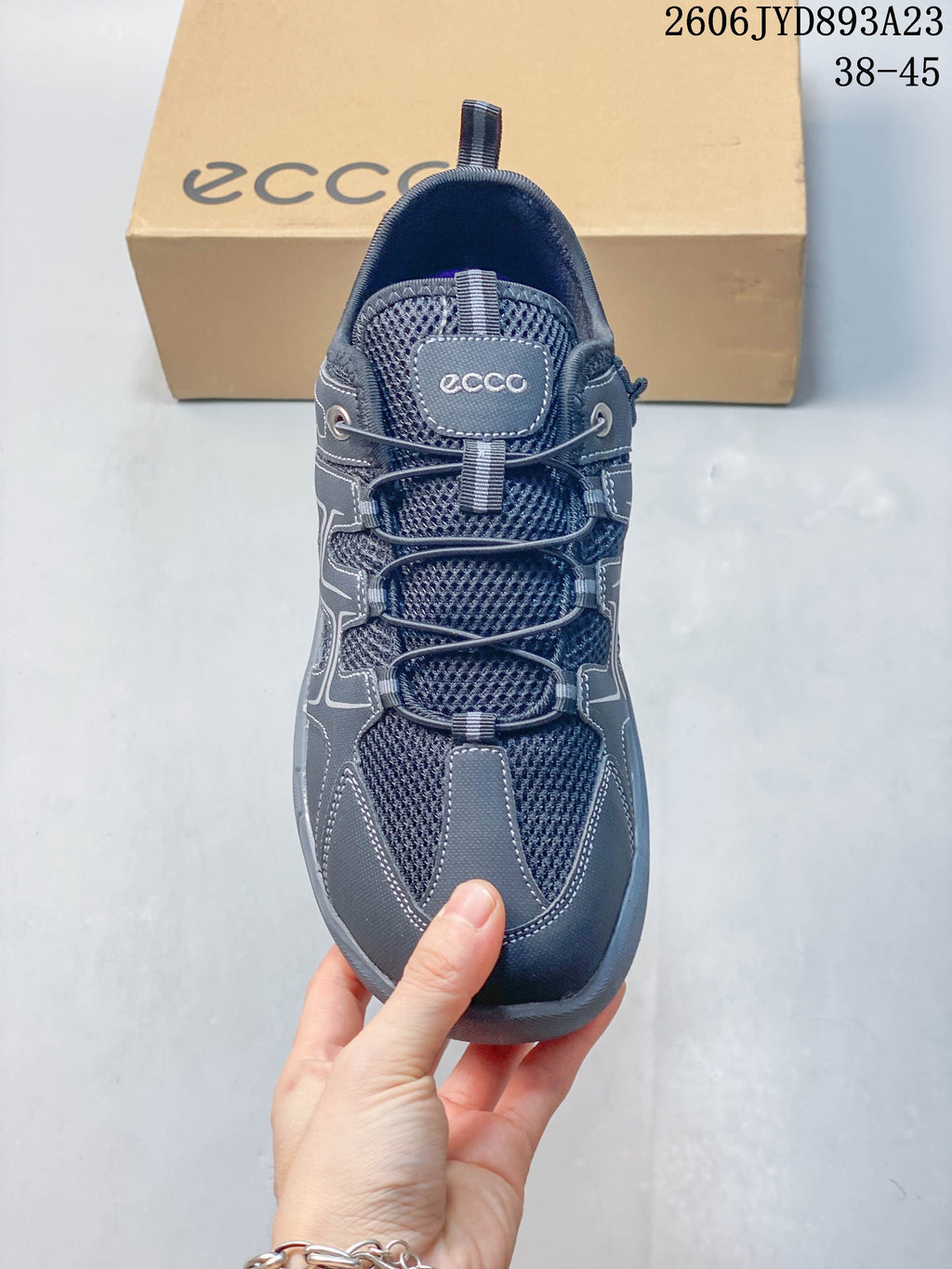 Top view of a gray ECCO shoe showing the rounded toe and cord-style lacing