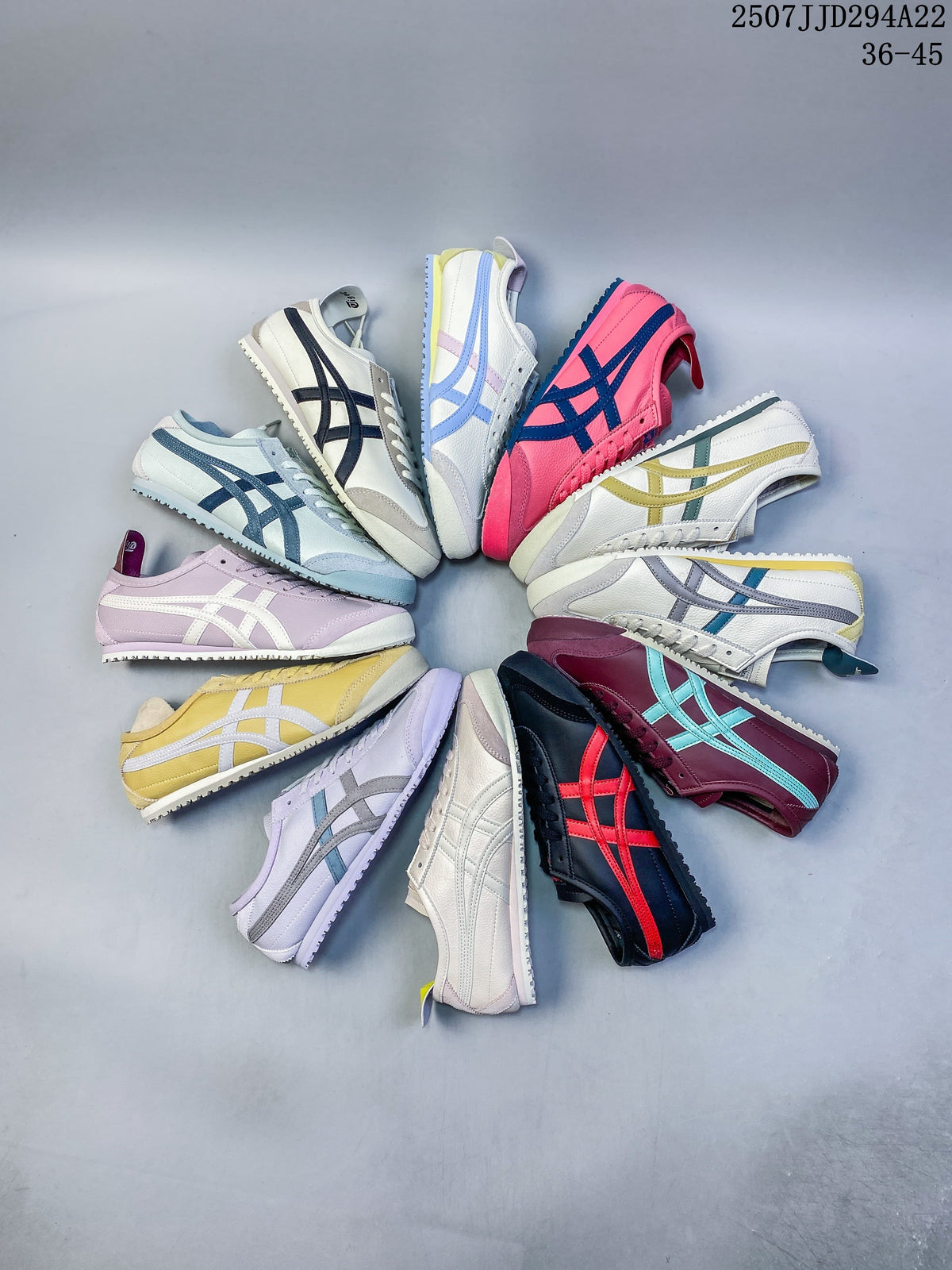 Several Onitsuka Tiger Mexico 66 Deluxe sneakers arranged in a circle in different colors