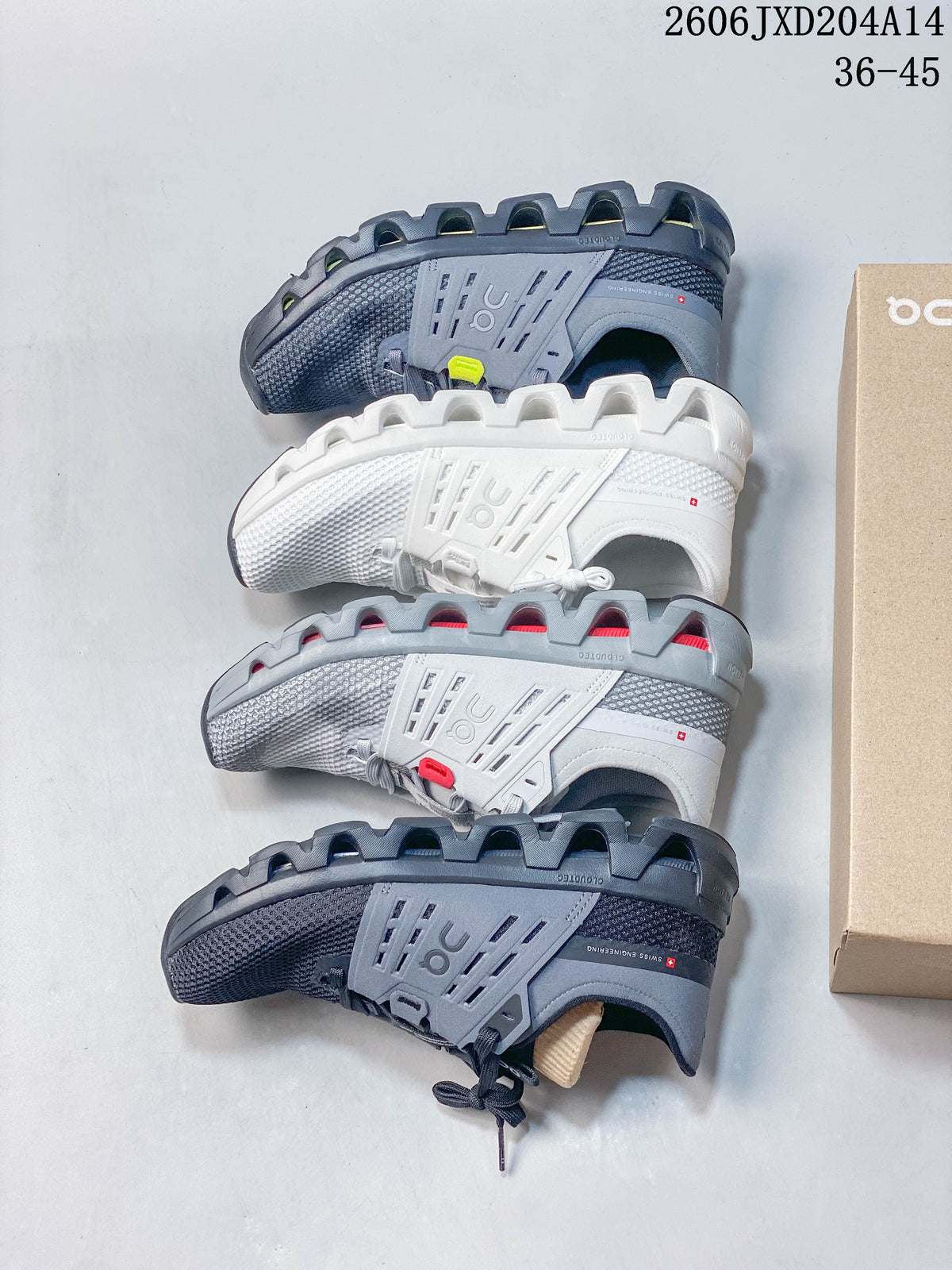Four color variations of the running shoe shown from above