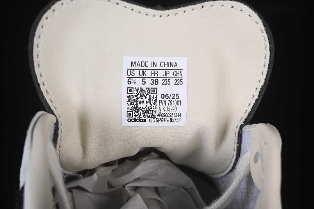 Tongue size label showing EU 38, UK 5, and US 6.5 for the photographed sample.