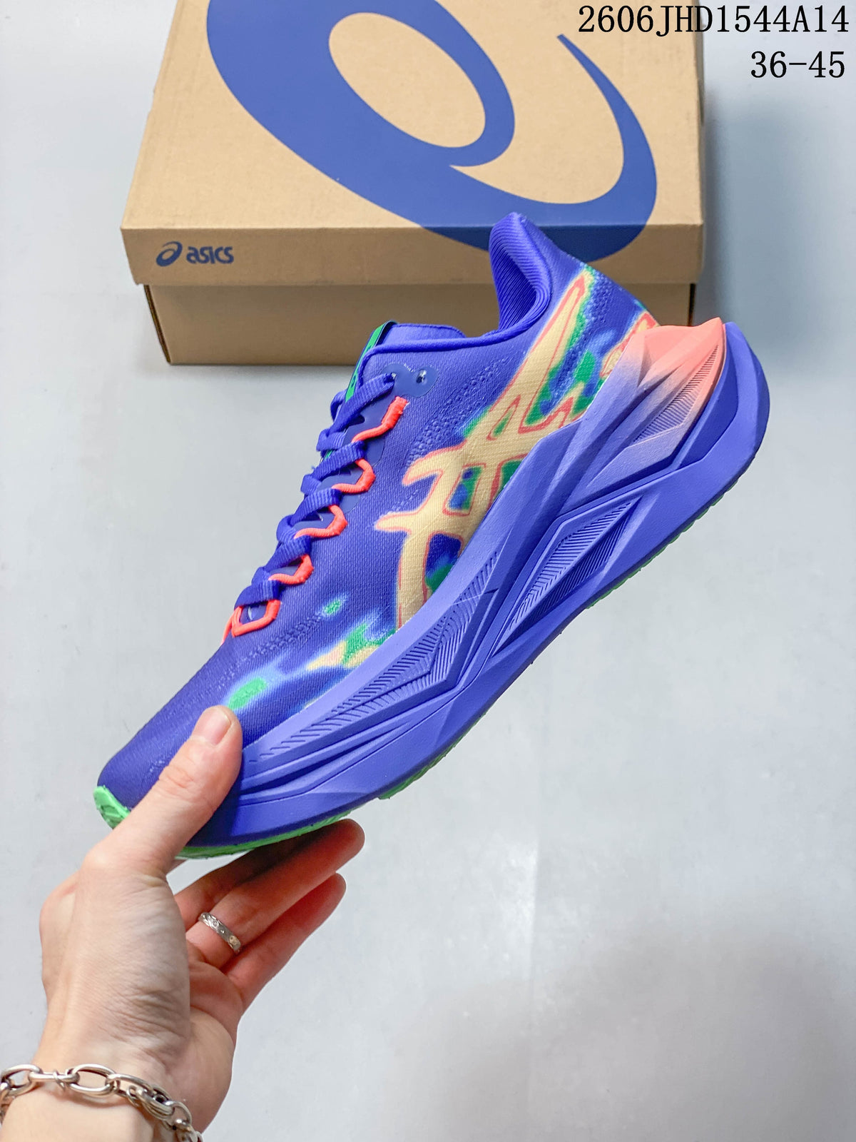 Side profile of the purple running shoe with multicolor graphics