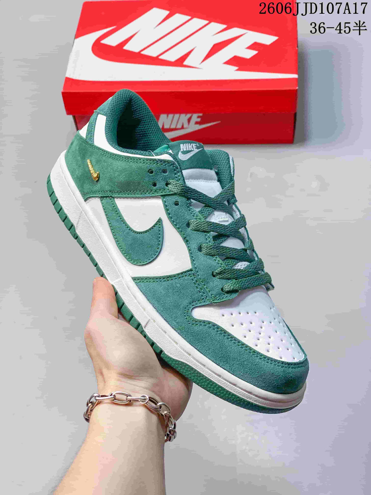 Angled view of a green and white low-top sneaker