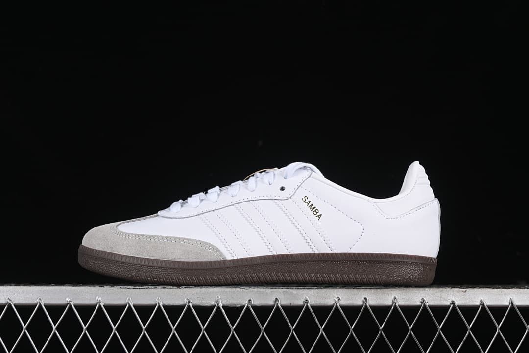 Side profile of the white adidas Samba OG sneaker with Samba lettering