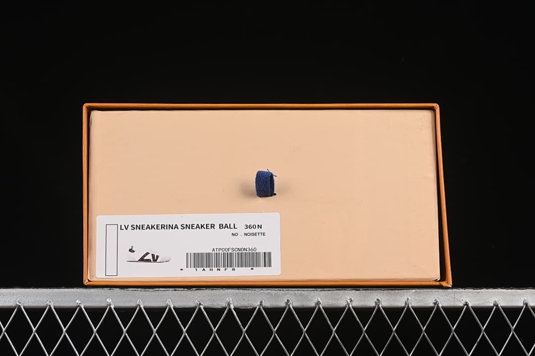 Shoe box label photographed beside a small shoe illustration; no size is legible.
