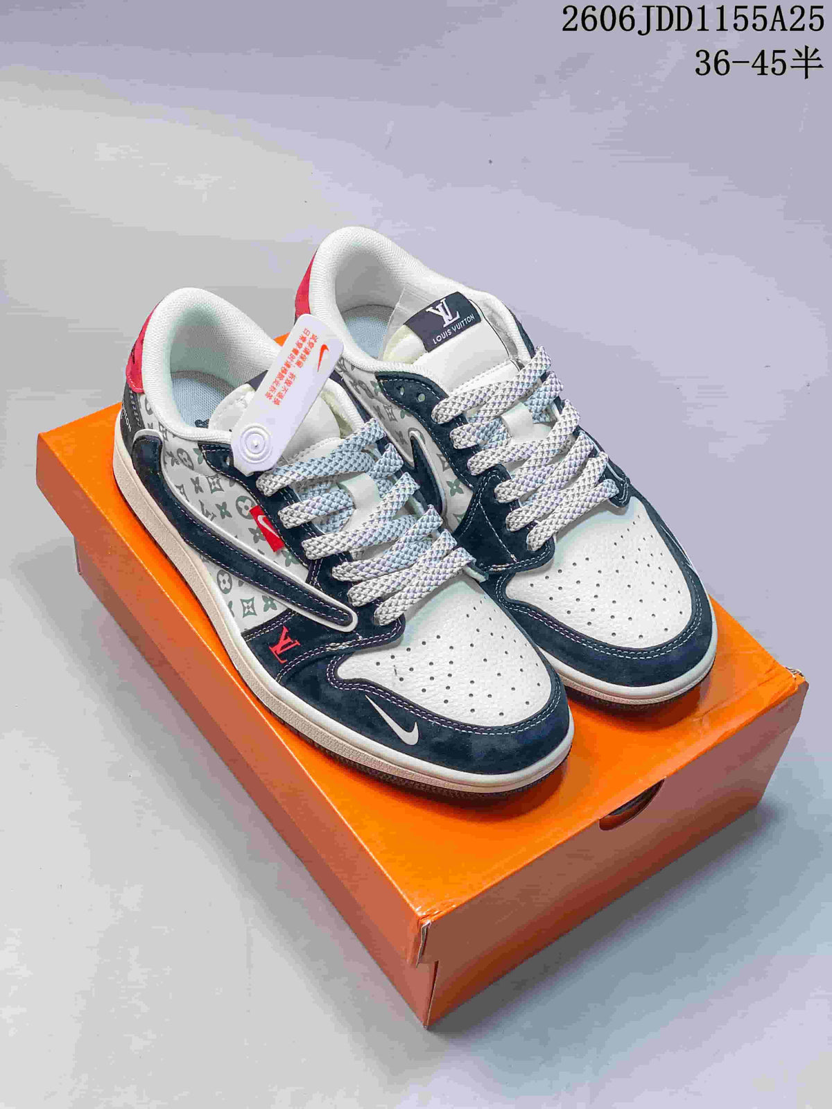 White low-top sneakers with dark blue overlays and repeating patterned side panels, displayed on an orange box.
