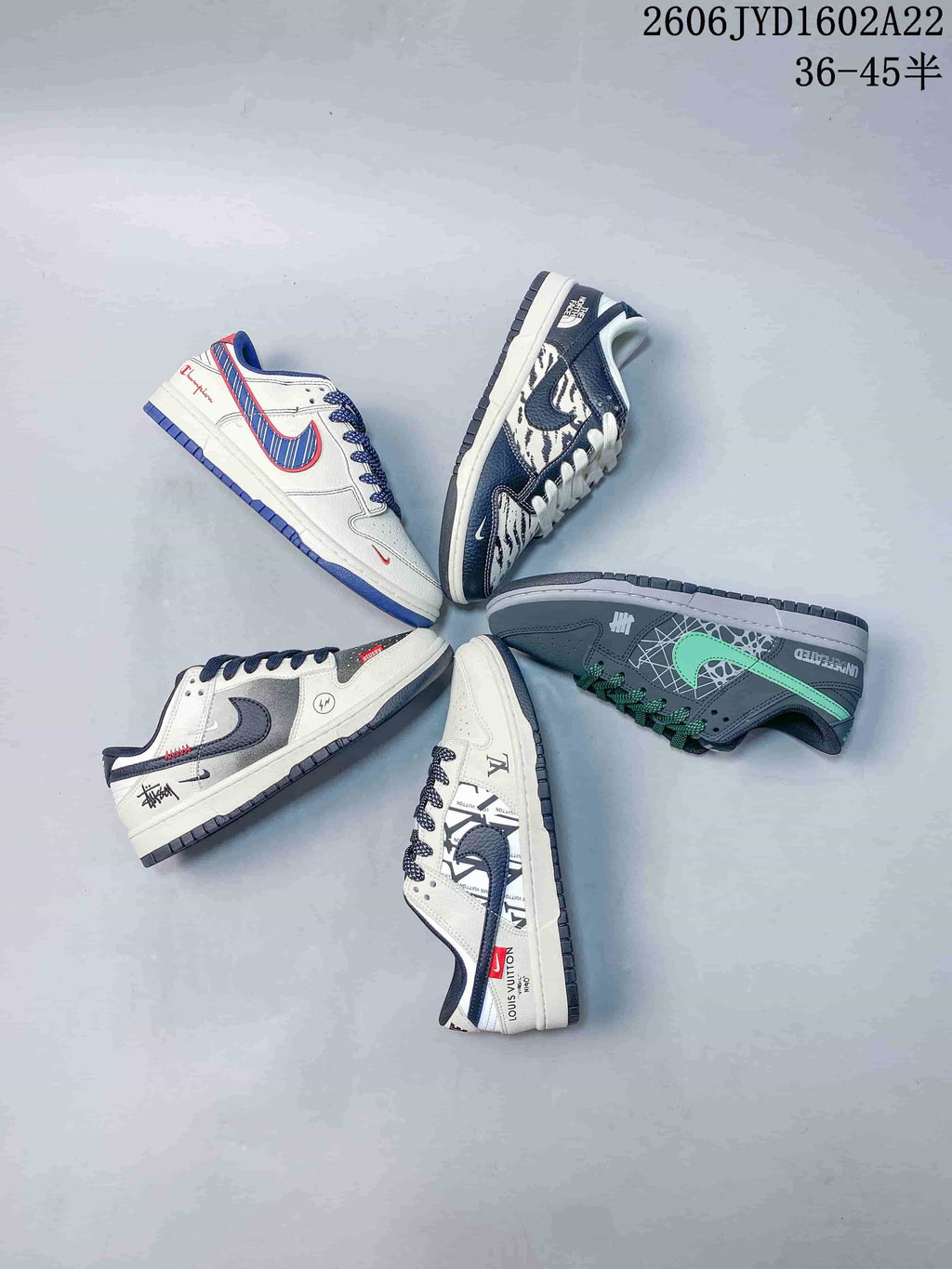 Five low-top sneaker designs arranged in a circle, including blue-and-white, gray-and-green and patterned options