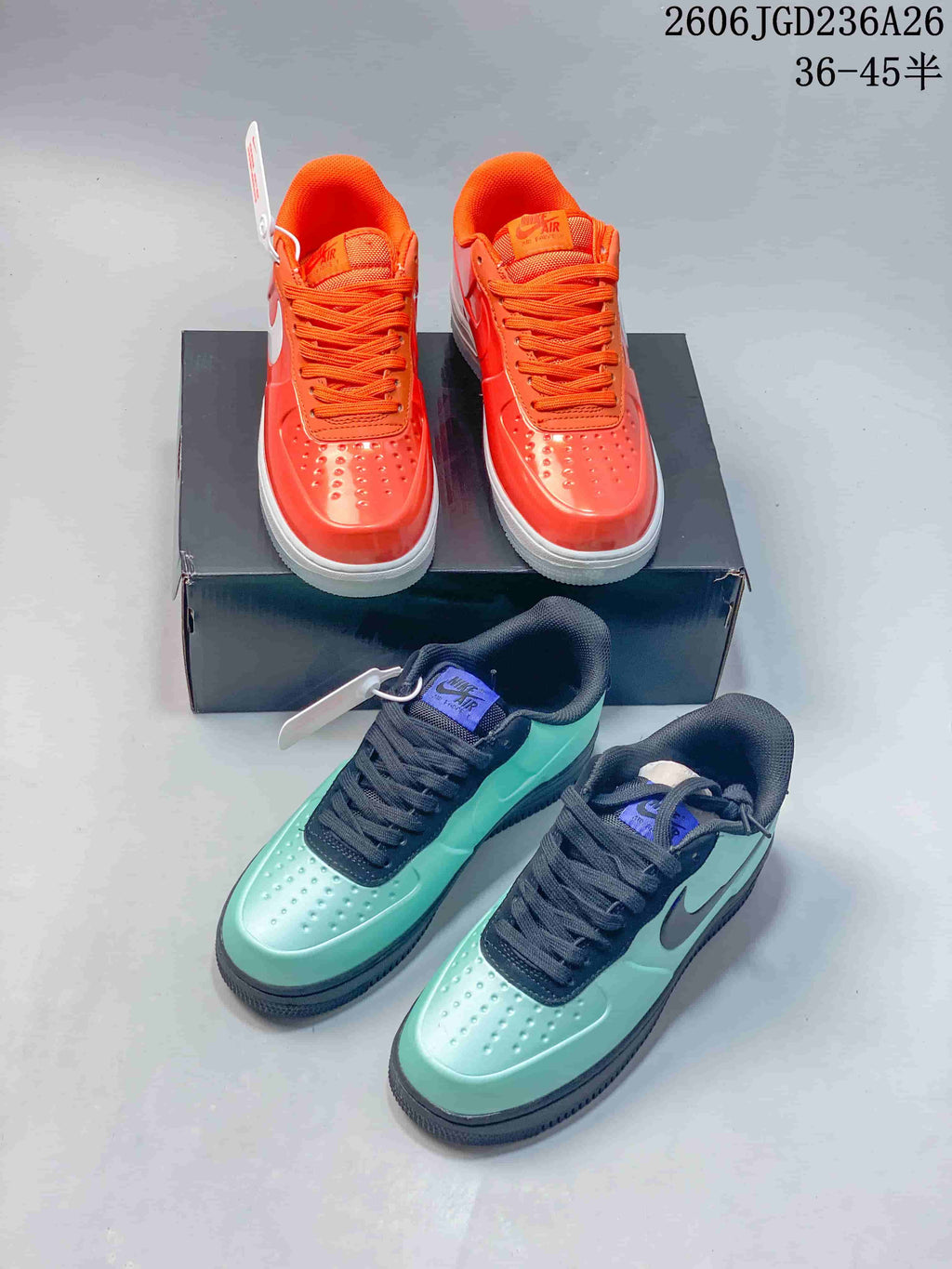 Orange and mint green Nike Air Force 1 '07 Low sneaker colorways shown together