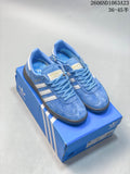 Blue Adidas Originals low-top sneakers with white stripes, shown on a blue shoe box