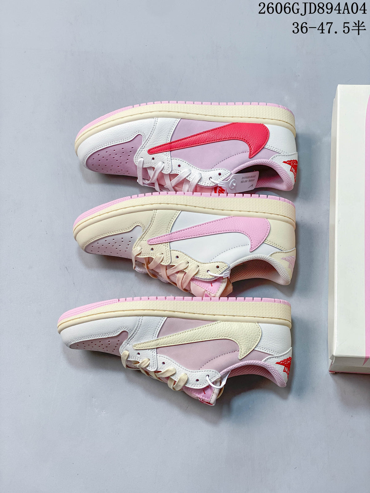 Three pink, white, and cream low-top sneaker color variations arranged from above