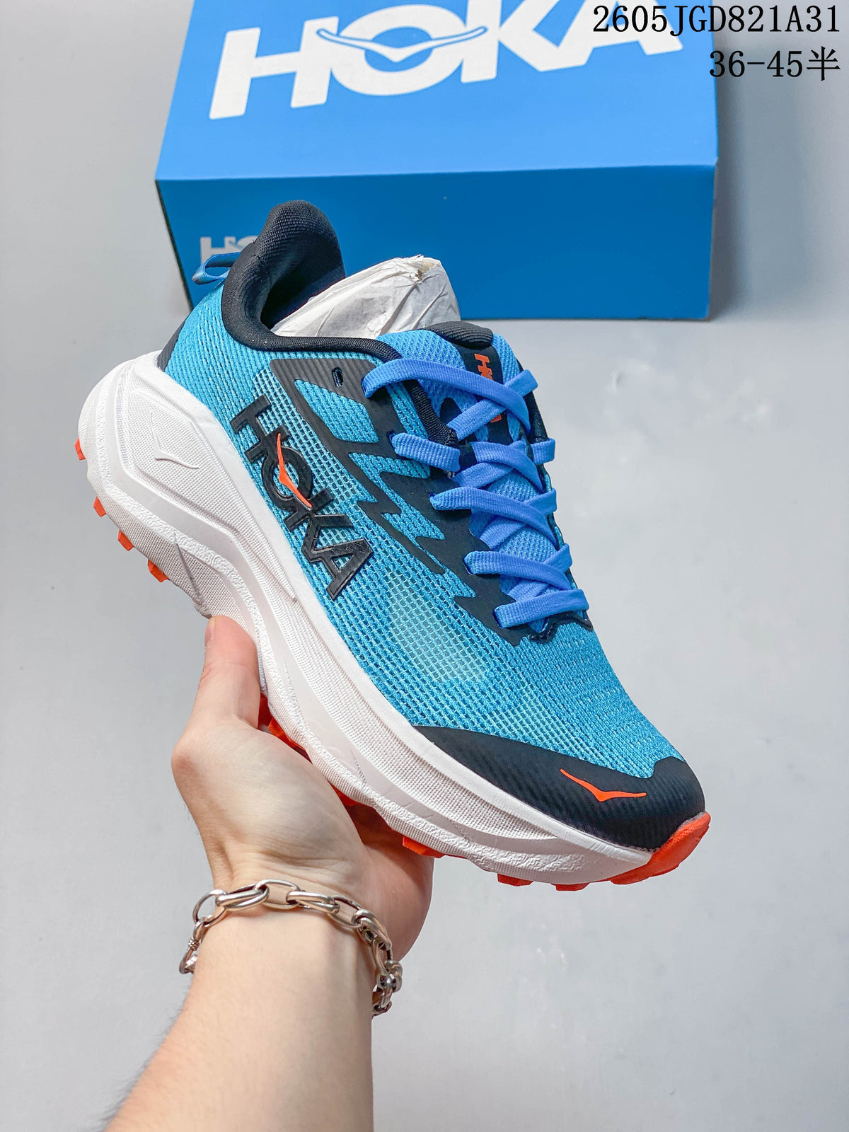 Blue HOKA Challenger 8 mesh running shoe with dark overlays and orange outsole accents