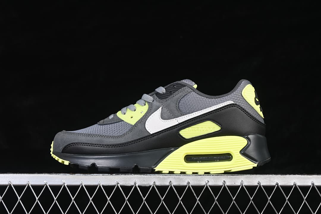 Opposite side view of the Nike Air Max 90 in grey, black, white and volt.