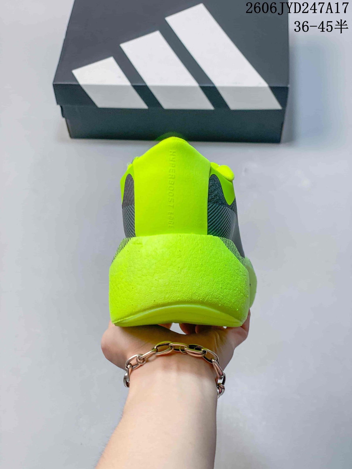 Rear view of a neon yellow and gray sneaker