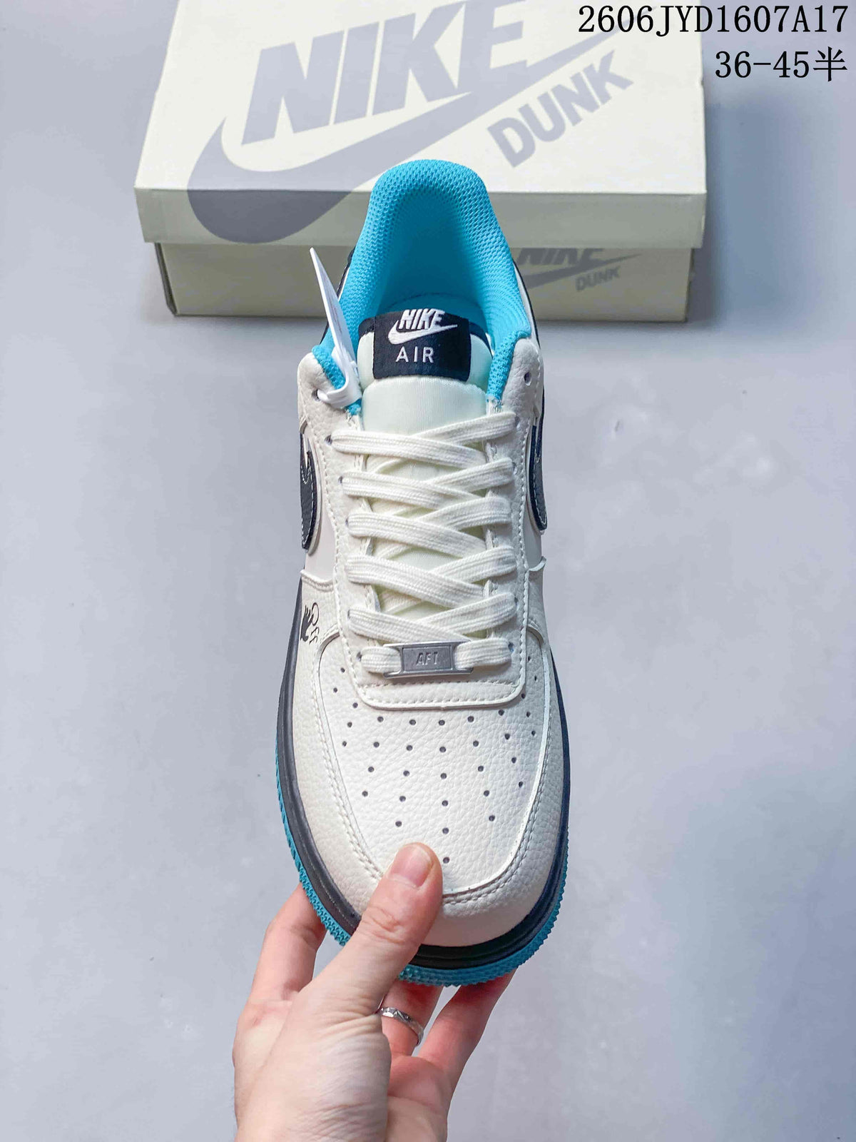 Front view showing the perforated toe, white laces, and turquoise collar lining