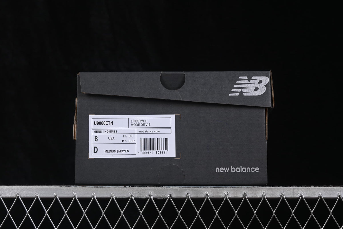 New Balance shoe box showing model U9060ETN and a photographed men's sample in EU 41.5, US 8.