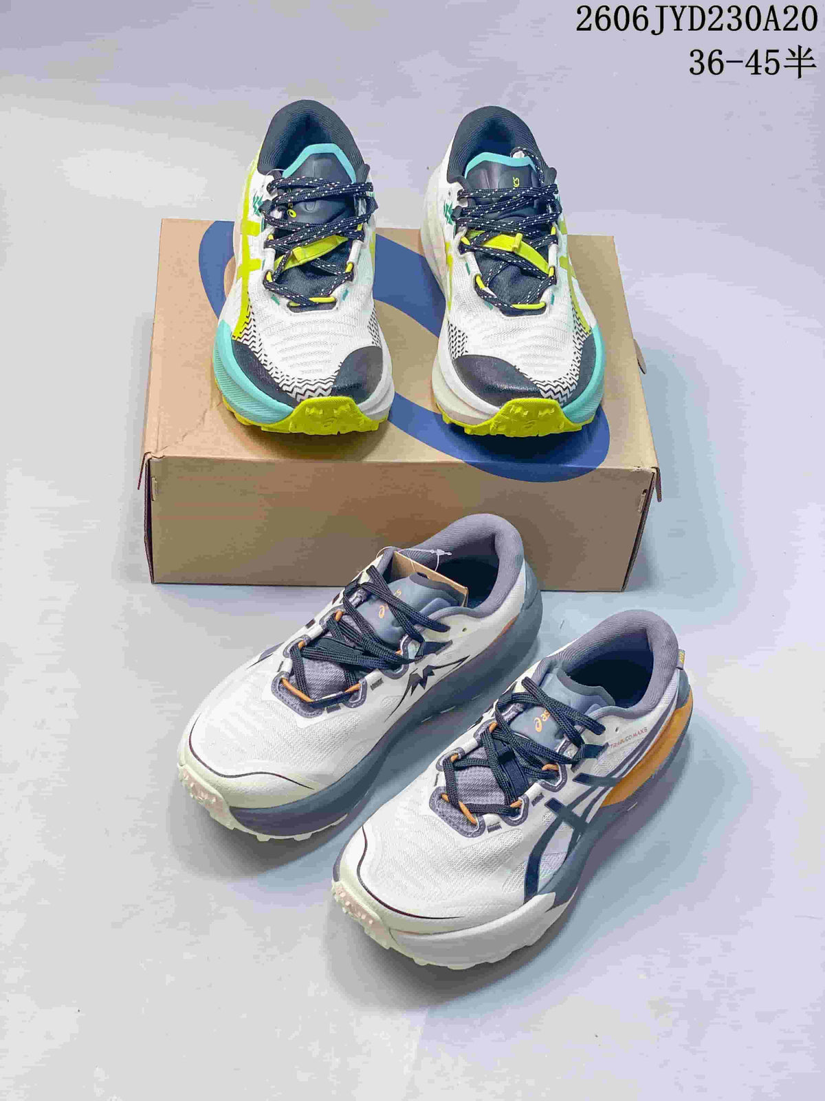 Two multicolor ASICS GEL-TRABUCO MAX 5 pairs shown from above