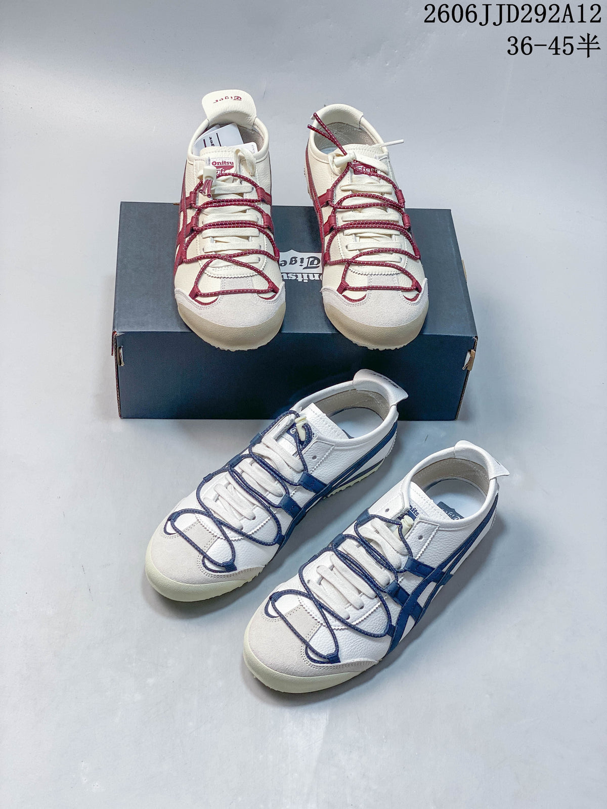 White Mexico 66 Deluxe sneakers shown in burgundy and blue accent colorways.