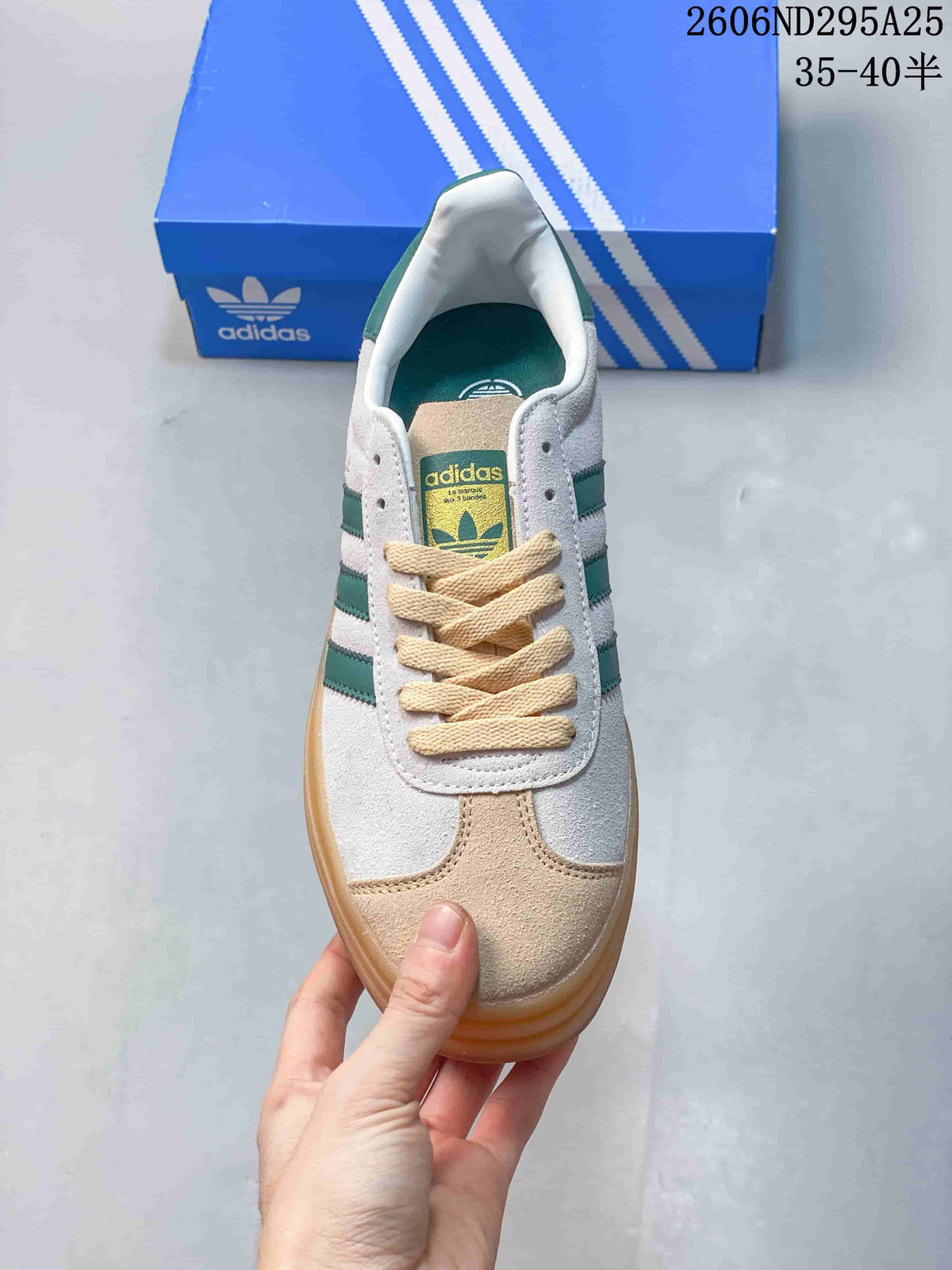 Top view of the lace-up sneaker with a Trefoil tongue label