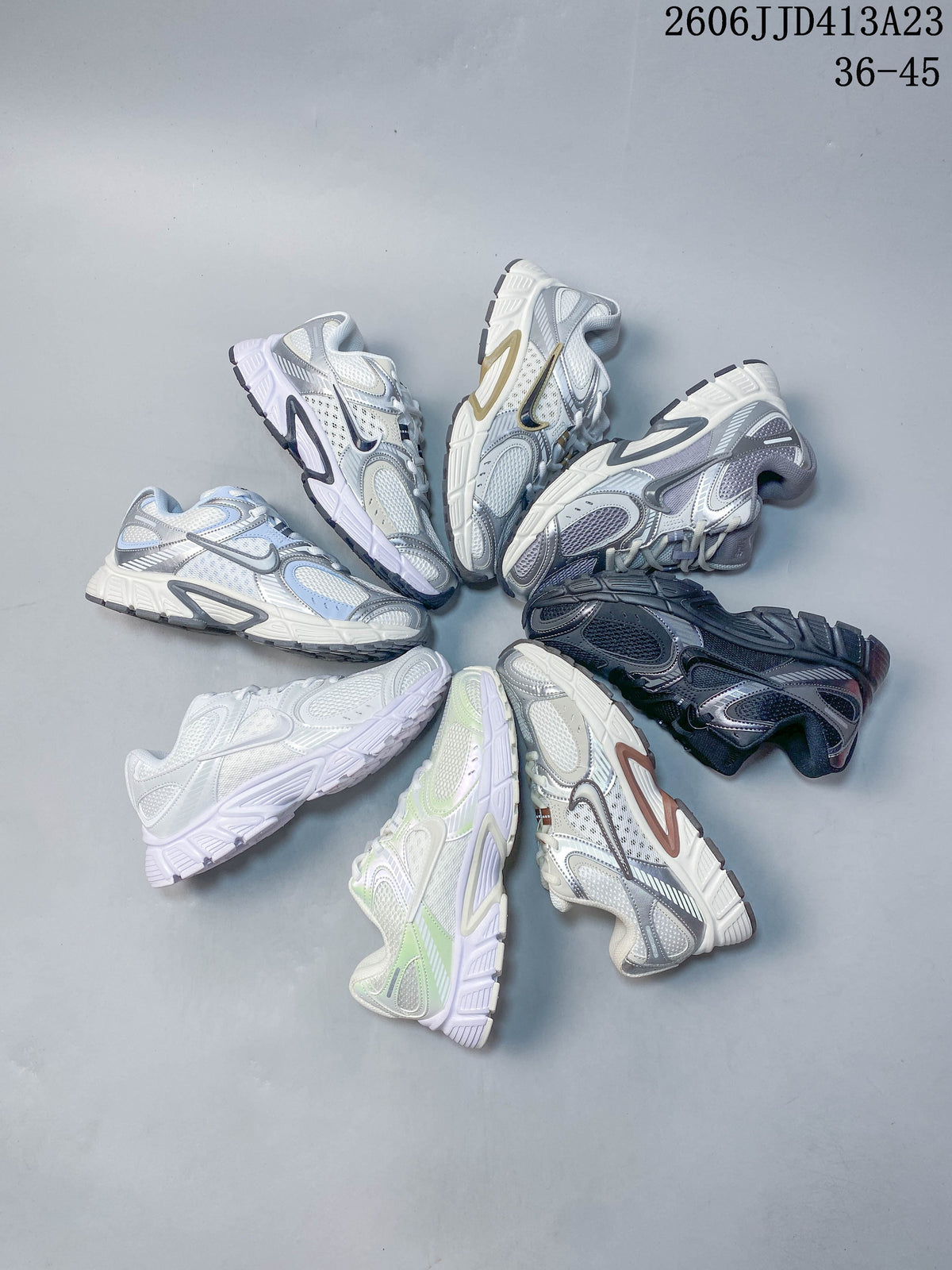 Several Nike Air Zoom Winflo 12 color variations arranged in a circle; the image displays the size range 36–45.