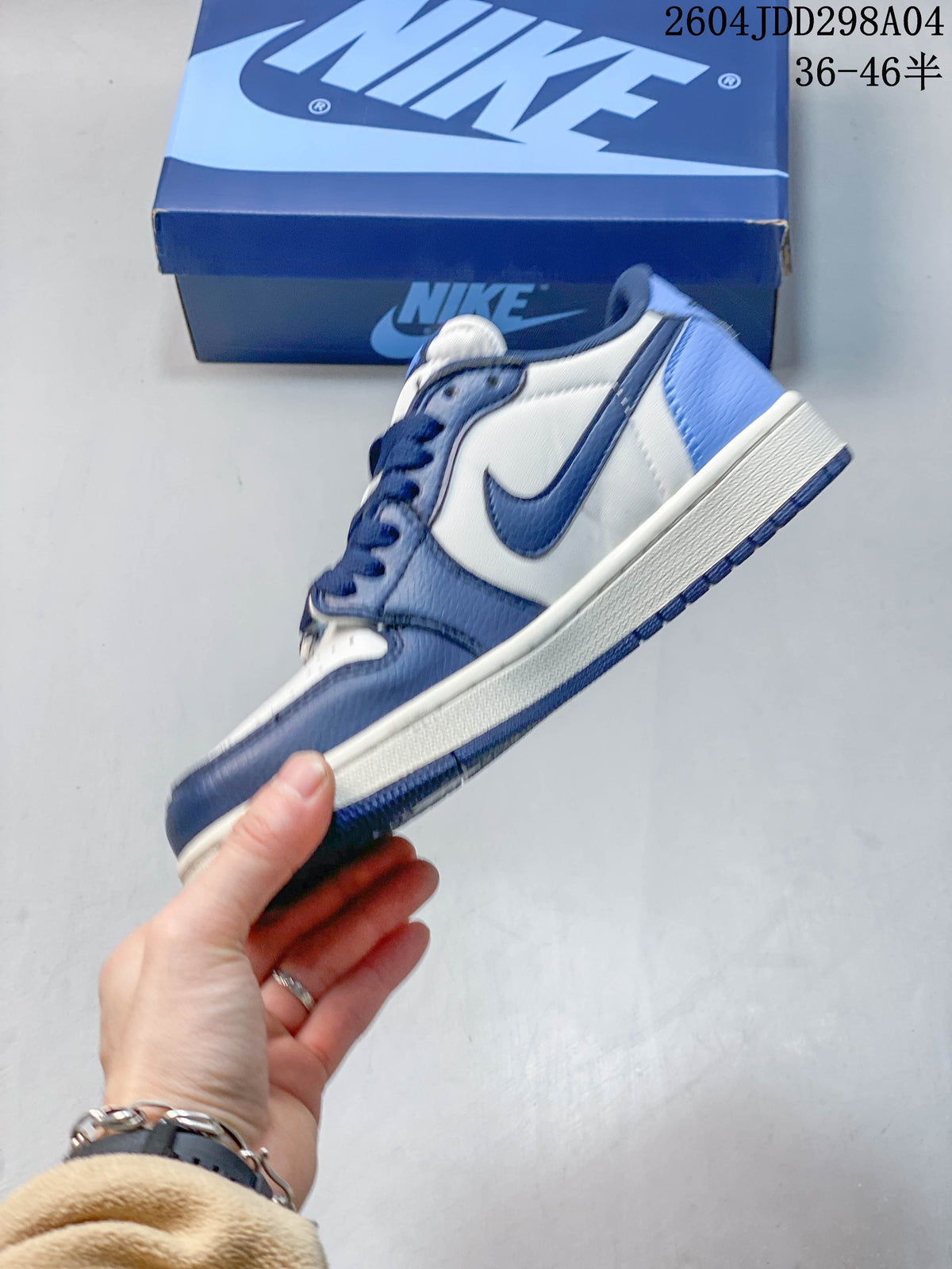 Side view of the blue and white low-top sneaker