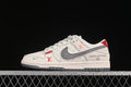 Side view of an off-white low-top sneaker with gray swoosh, pale patterned panels, and red accents.