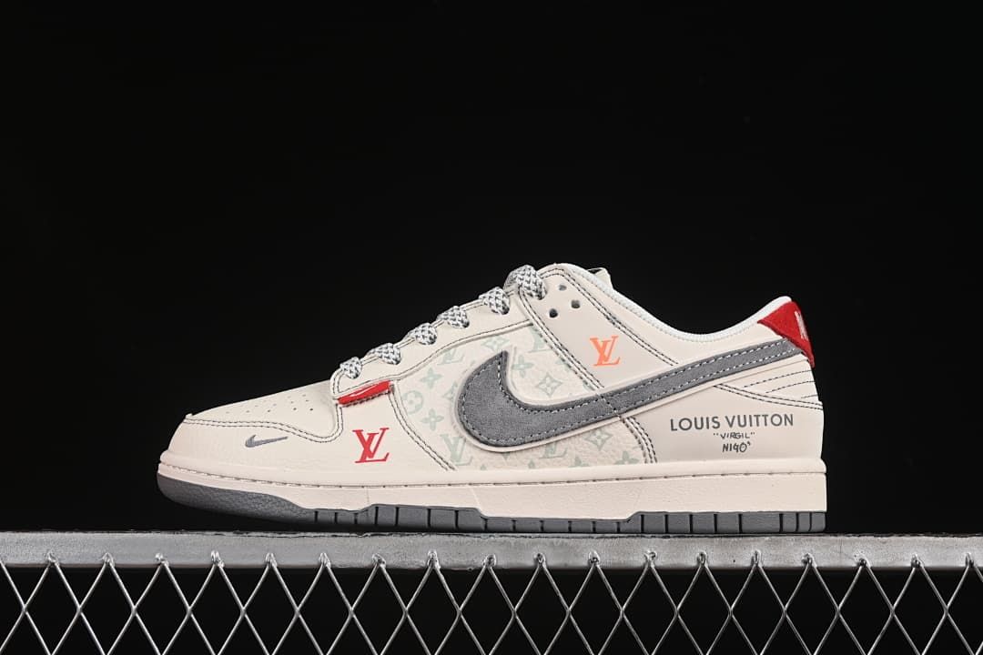 Side view of an off-white low-top sneaker with gray swoosh, pale patterned panels, and red accents.
