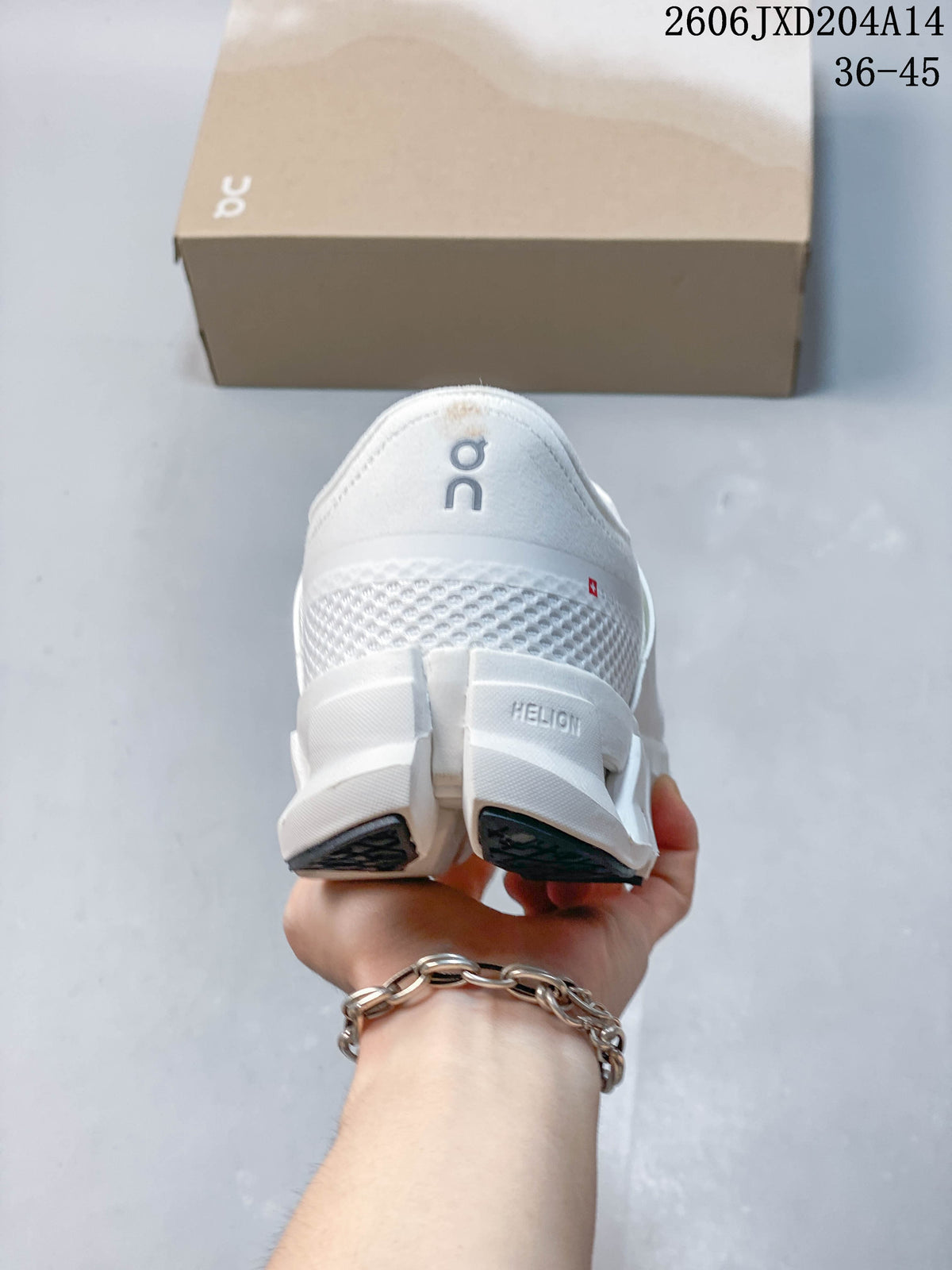 Heel view of a white running shoe with a segmented sole