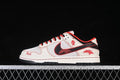 Side view of an off-white Nike SB Dunk Low with red and black accents and horse-themed graphics