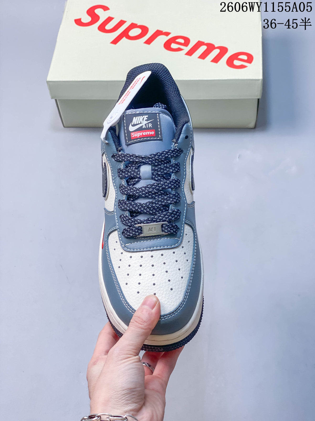 Top view showing the perforated white toe, dark laces and tongue label.