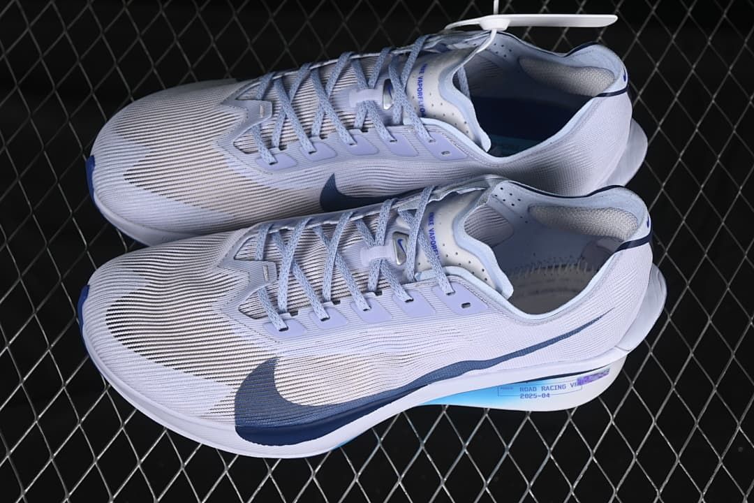 Pair of light gray and dark blue road racing shoes