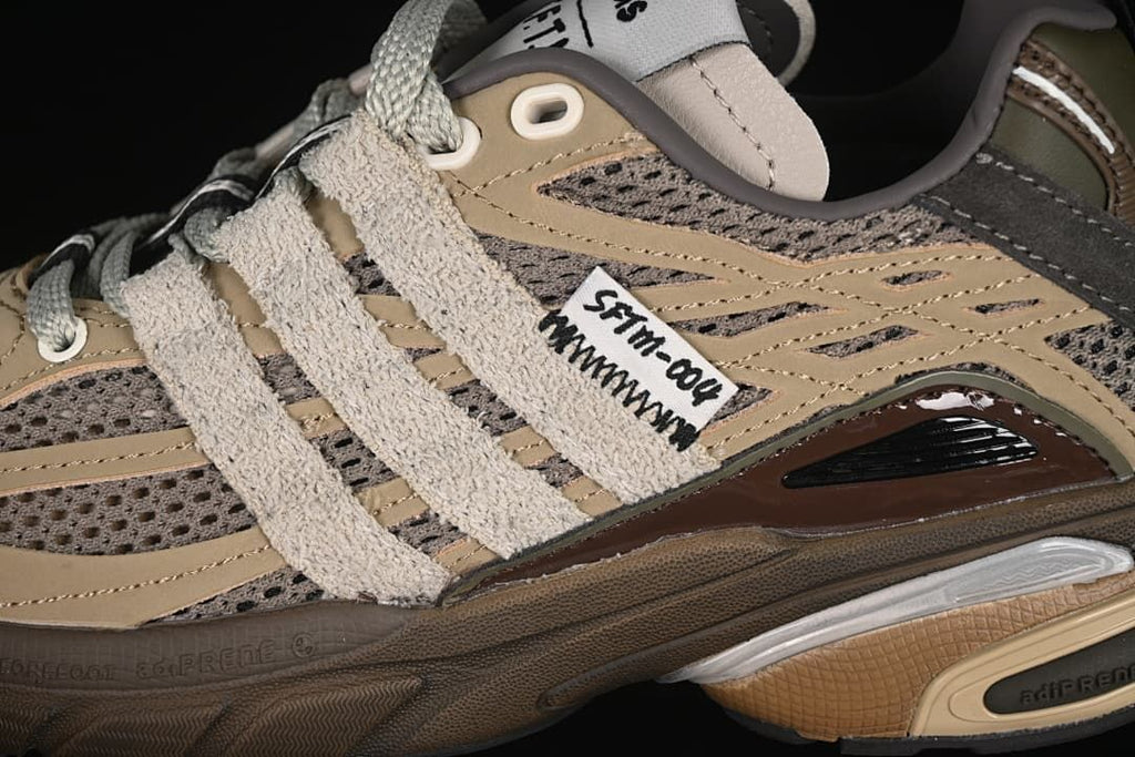 Close-up of the layered side panels, mesh and laces