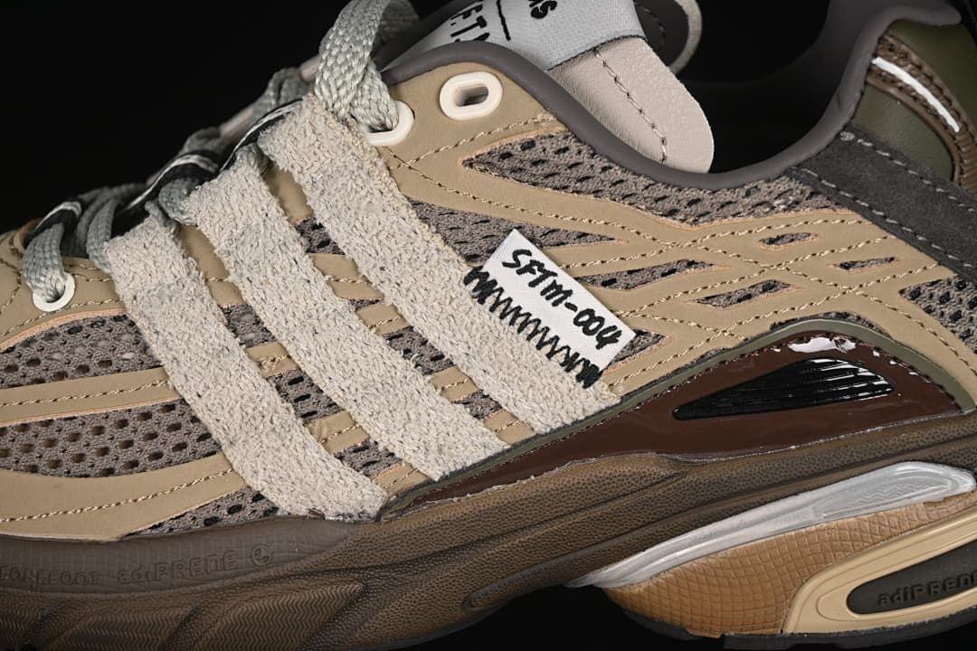 Close-up of the layered side panels, mesh and laces