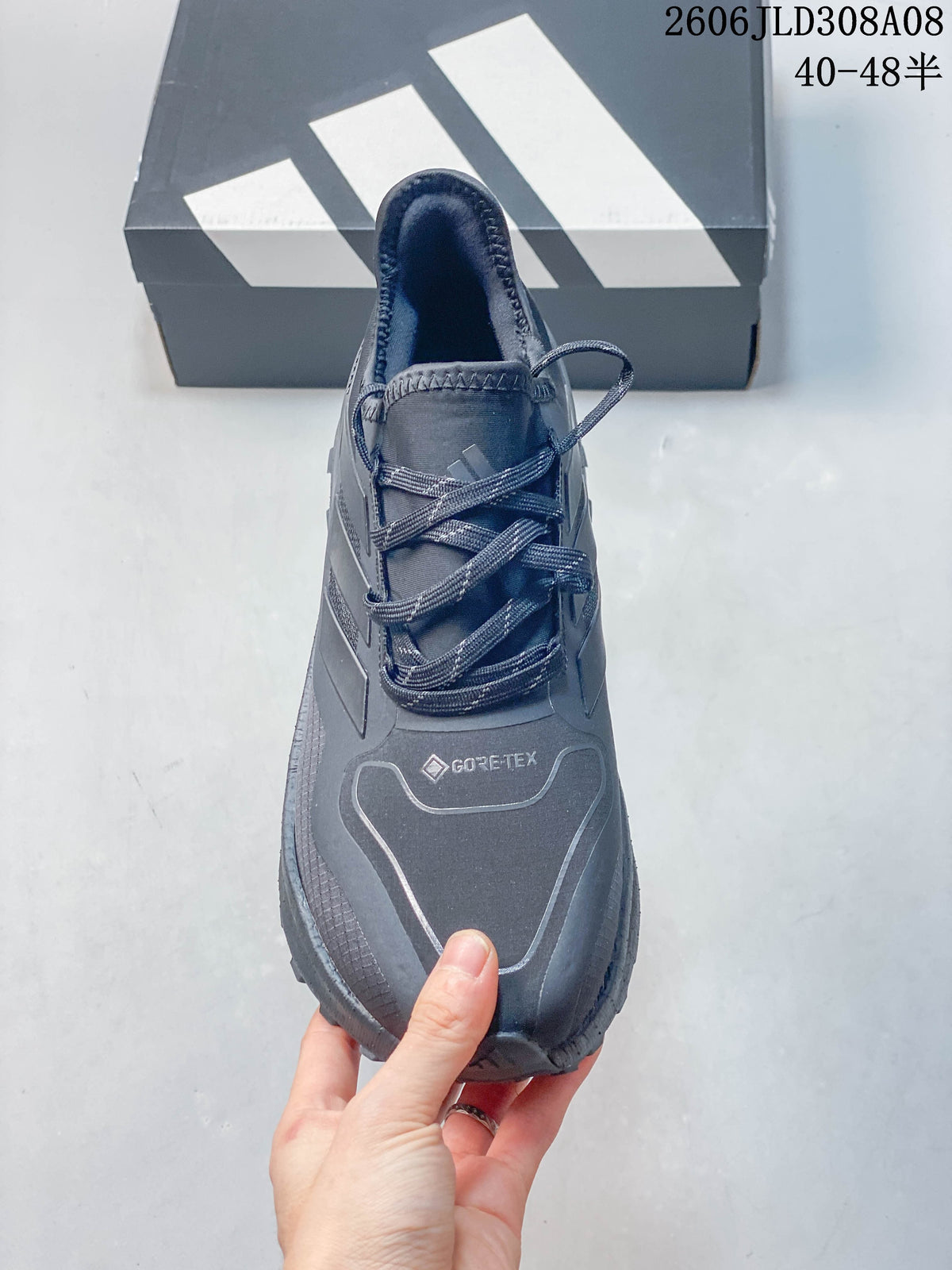 Top view showing the laces and GORE-TEX marking on the shoe.