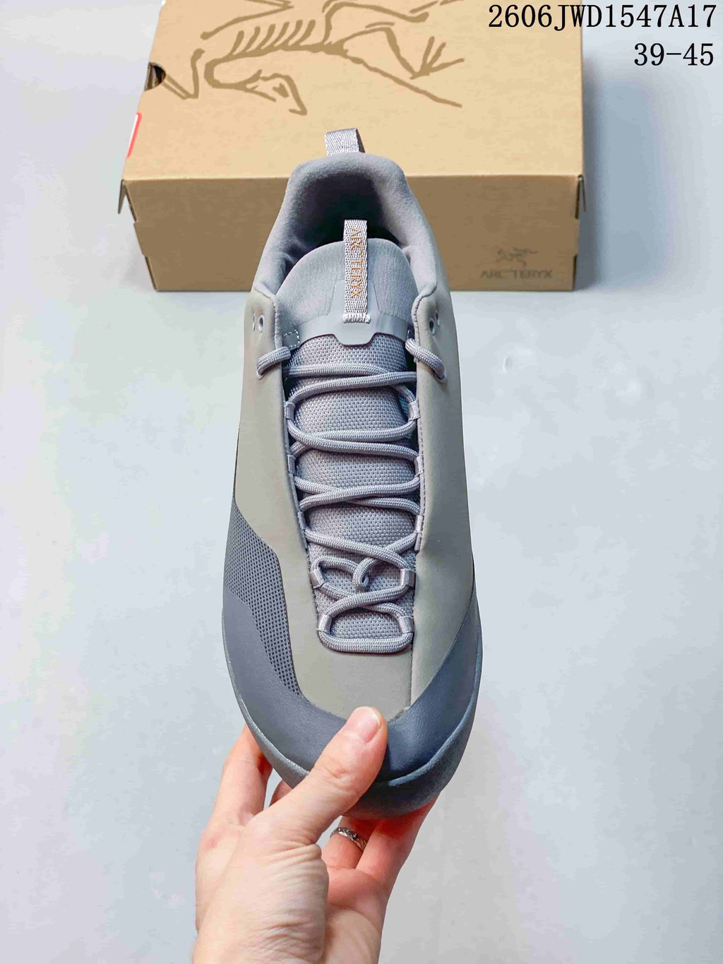 Top view showing the shoe's laces and padded collar