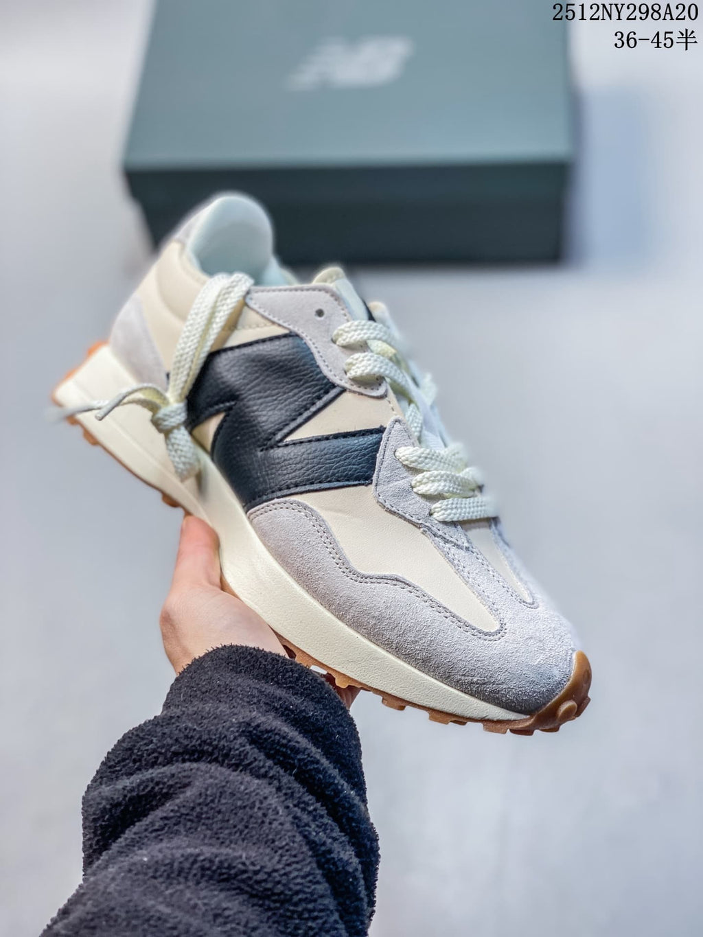New Balance 327-style sneaker in gray, cream and dark navy