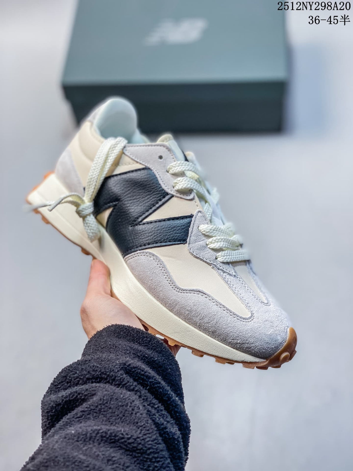 New Balance 327-style sneaker in gray, cream and dark navy