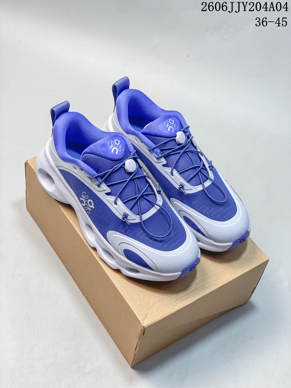 Blue and white On Cloudtilt-style sneakers shown together on a box.