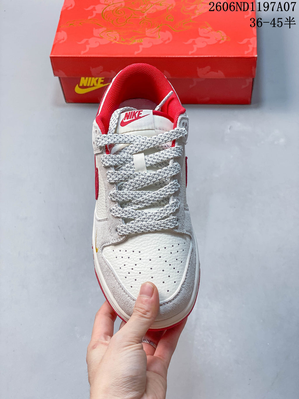 Top view of the sneaker showing its perforated toe and patterned laces