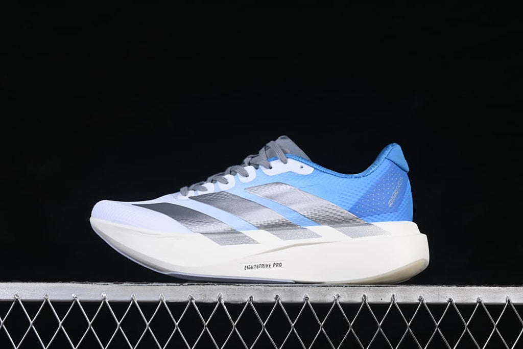 Reverse side view of the white, blue, and silver adidas Adizero Evo SL running shoe.