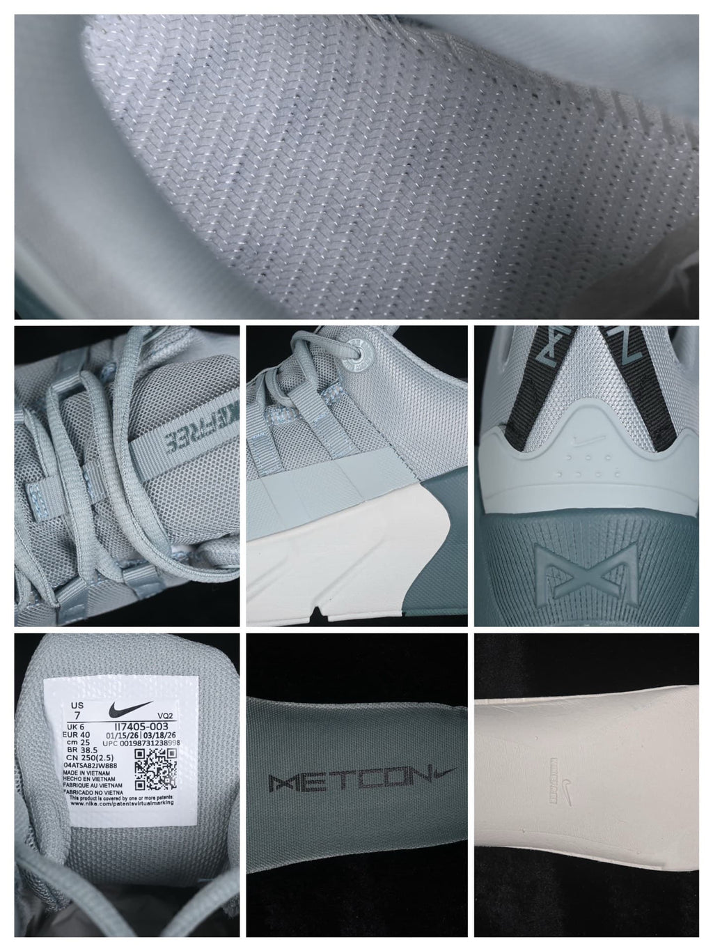 Close-up collage showing the mesh upper, laces, heel details and interior product label.
