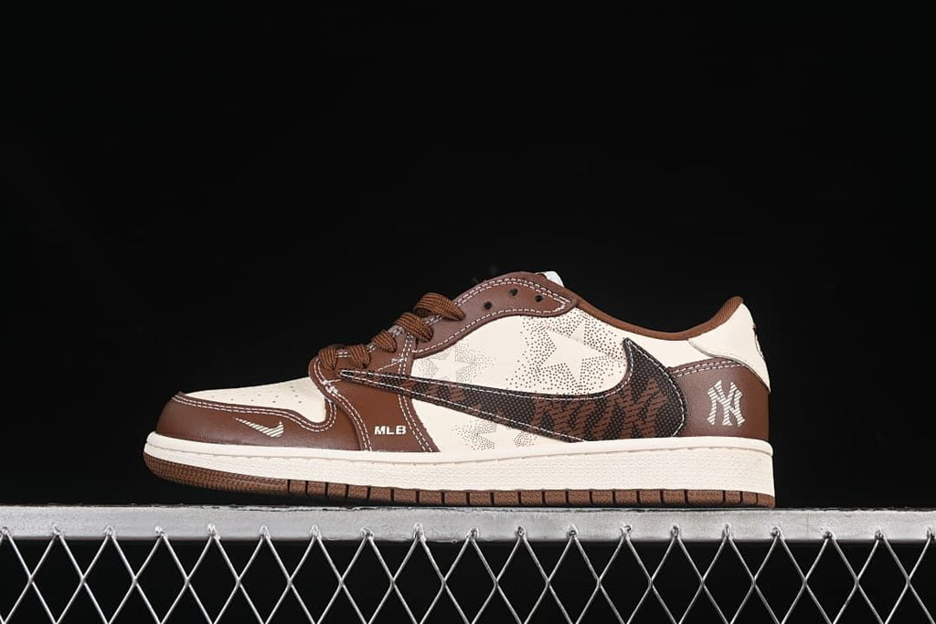 Side view of a brown and off-white low-top sneaker with patterned Swoosh and Yankees graphic