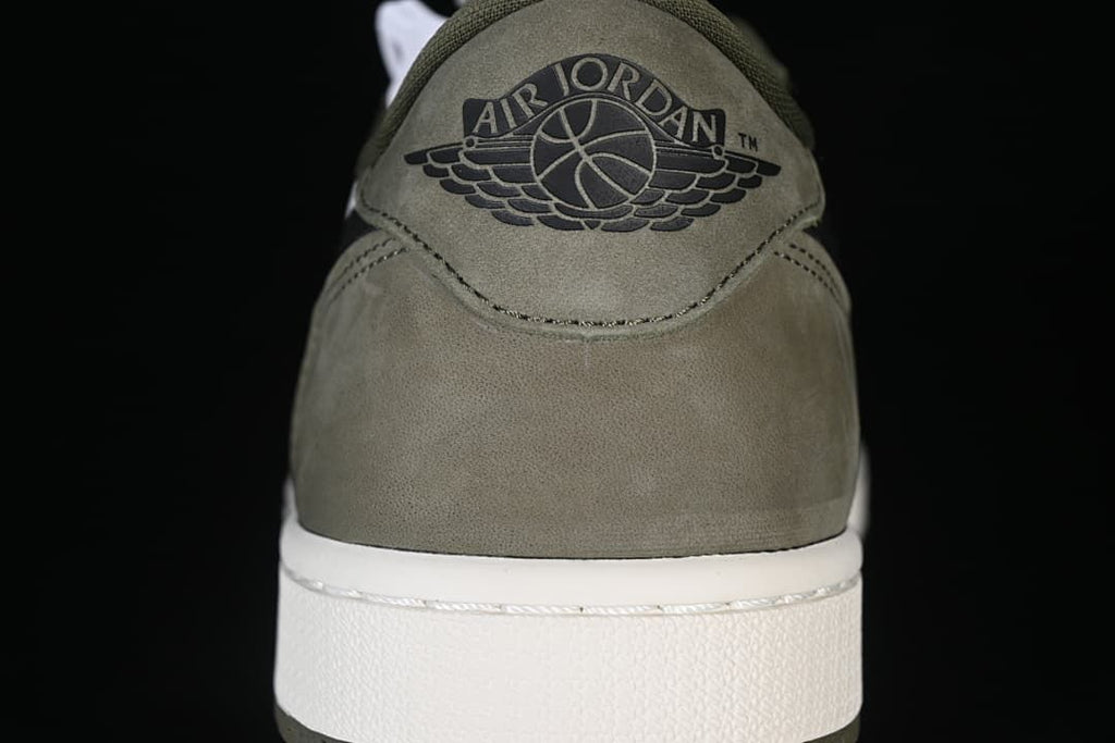 Rear view showing the olive heel and Air Jordan Wings logo