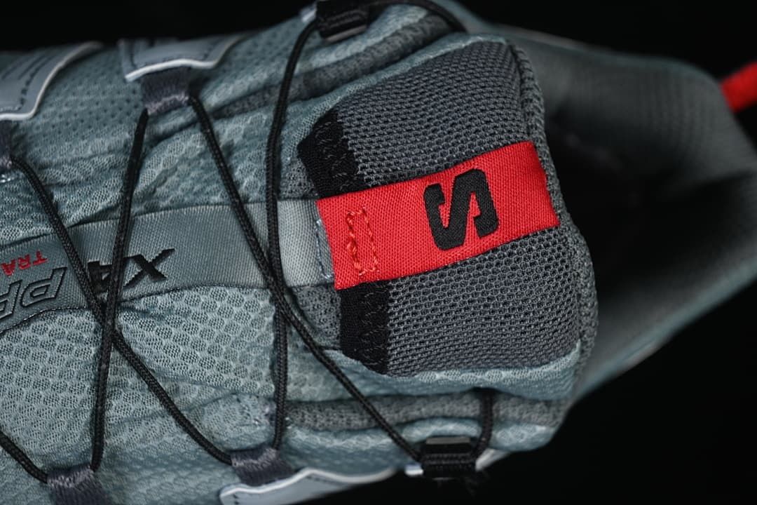 Close-up of the tongue, fabric upper, and cord laces