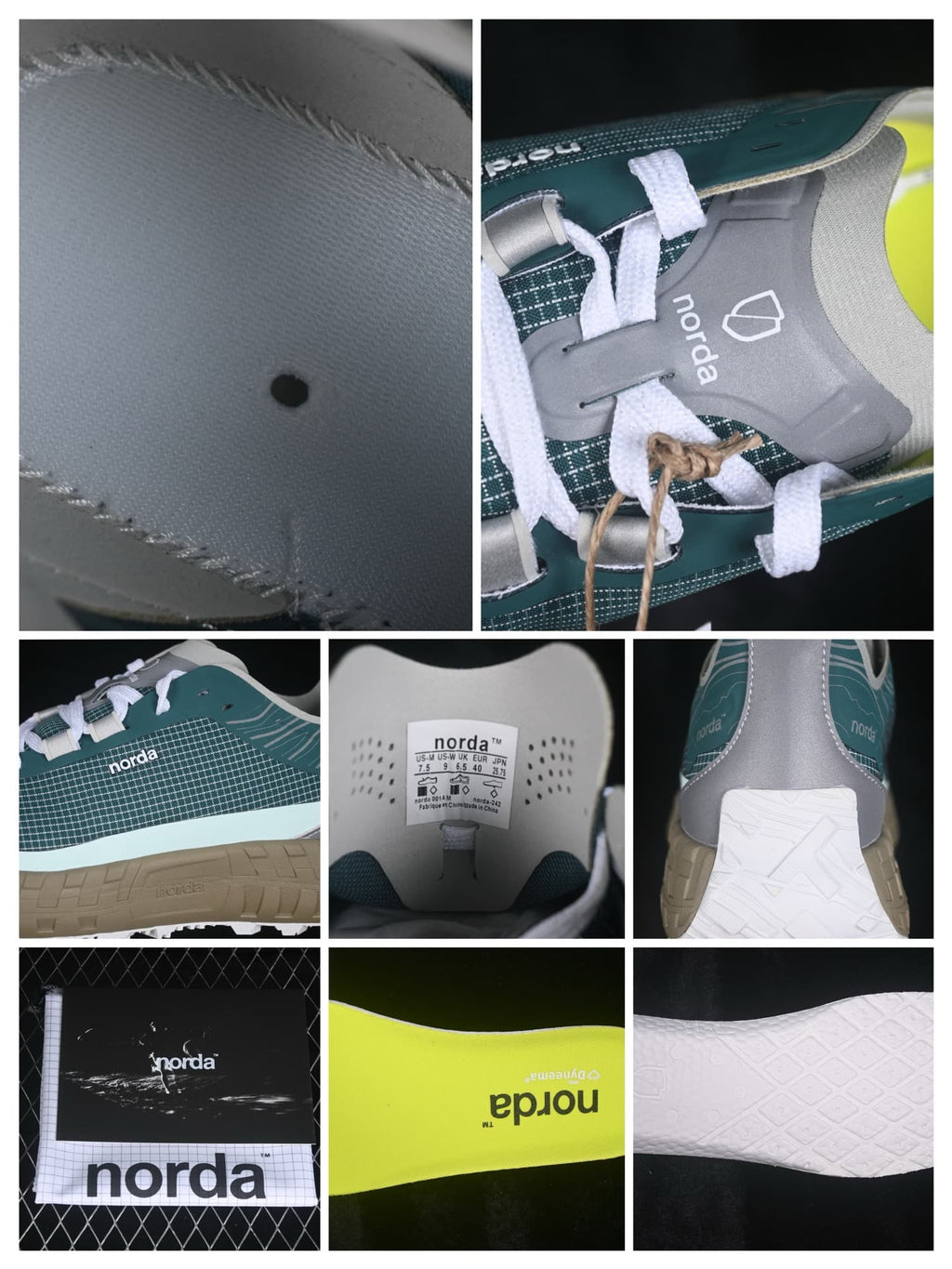 Close-up collage showing the sneaker tongue, upper texture, branding, packaging, insole, and outsole details.