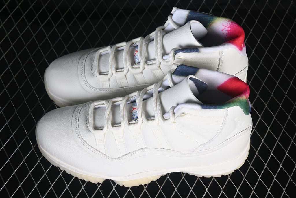 Angled view of both white high-top sneakers, showing their laces and multicolor collar accents.