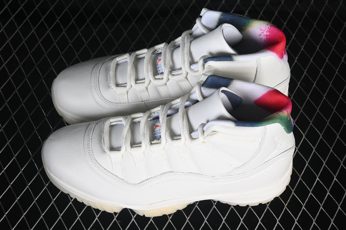 Angled view of both white high-top sneakers, showing their laces and multicolor collar accents.