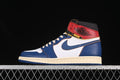 Side profile of a white, blue, and red Air Jordan 1 high-top sneaker