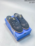 Pair of dark gray adidas Samba OG Mule shoes with woven-look side panels and gum-colored soles